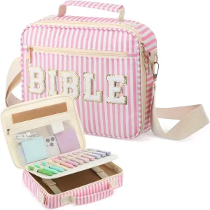 Bible Cover Case for Women Large Chenille Letter Stripe Church Bible Bag with Shoulder Strap for Women(Pink)