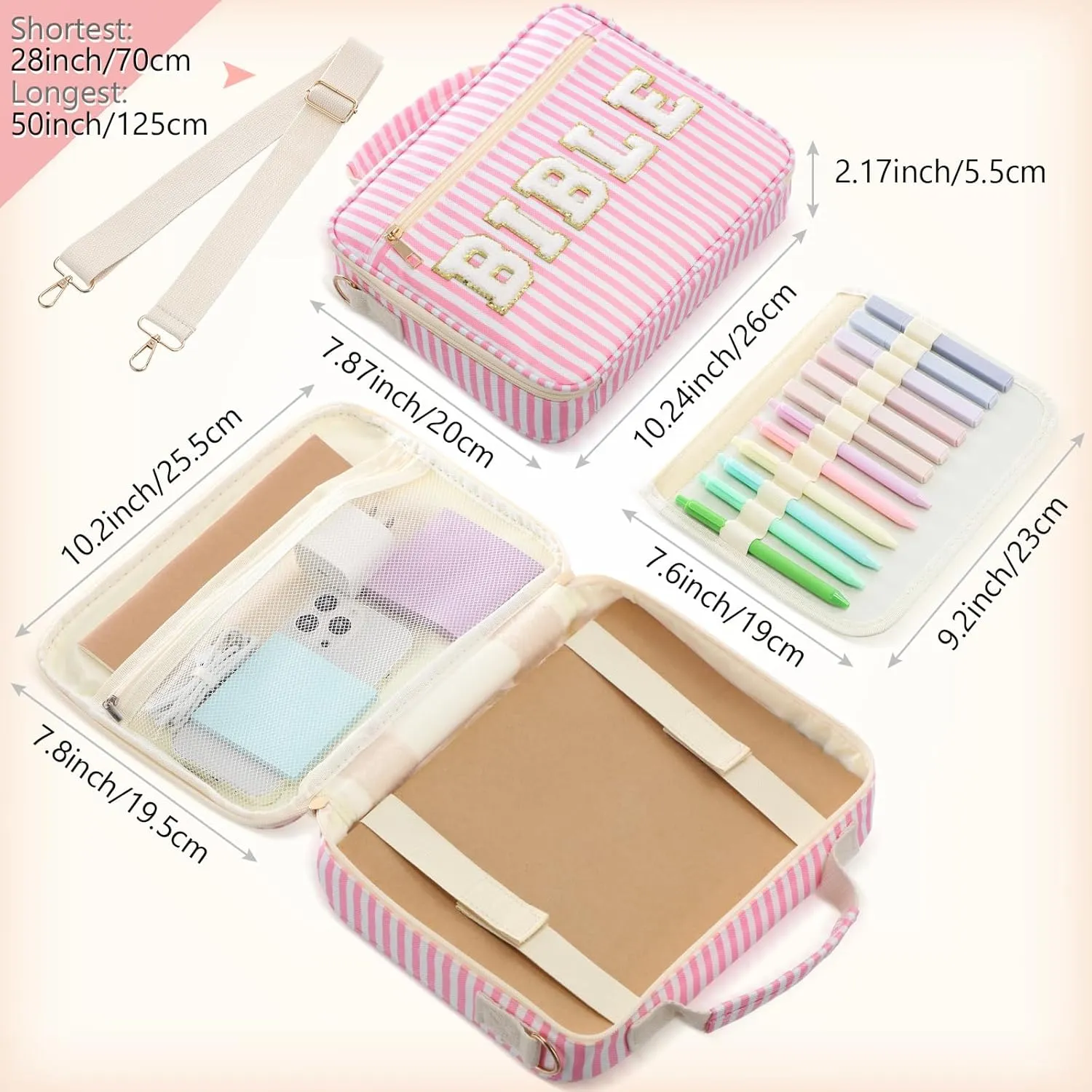 Bible Cover Case for Women Large Chenille Letter Stripe Church Bible Bag with Shoulder Strap for Women(Pink)