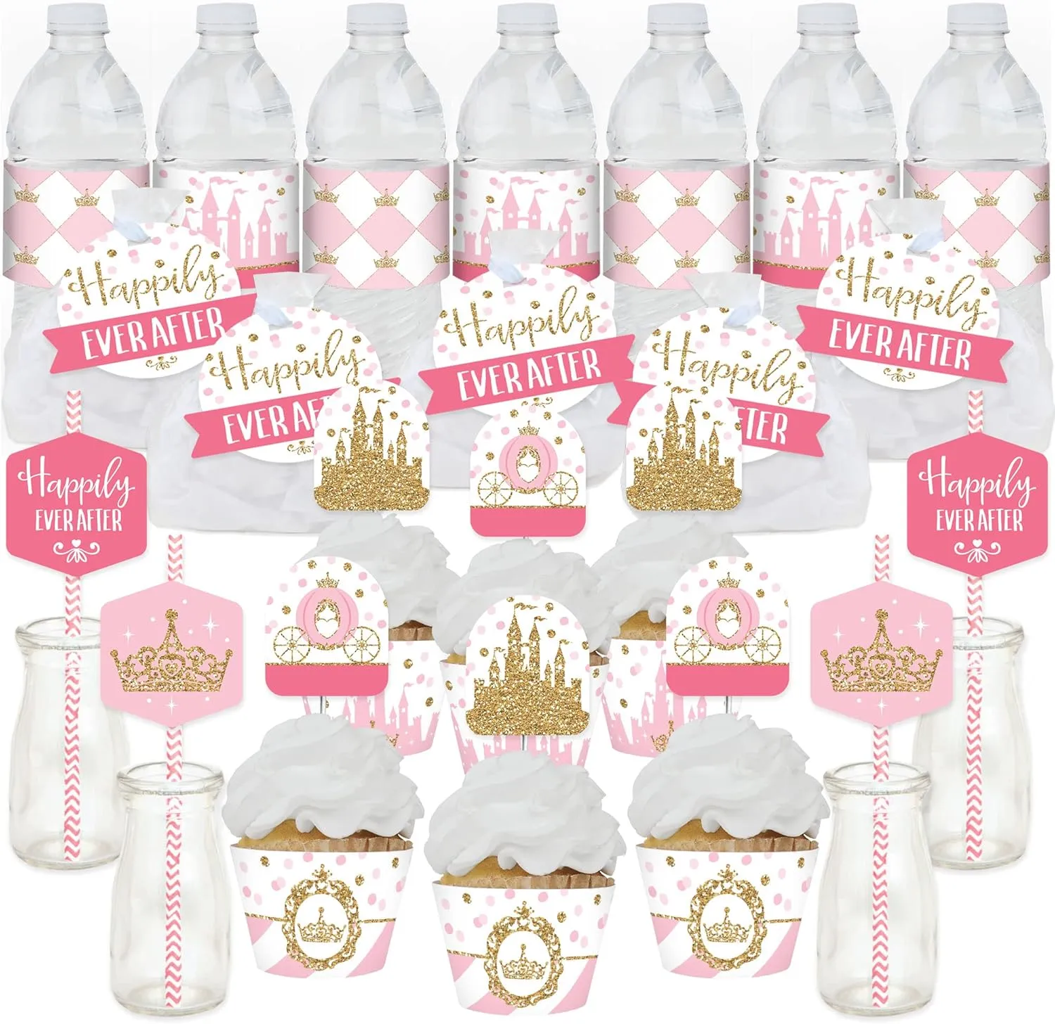 Big Dot of Happiness Little Princess Crown - Pink and Gold Princess Baby Shower or Birthday Party Favors and Cupcake Kit - Fabulous Favor Party Pack - 100 Pieces