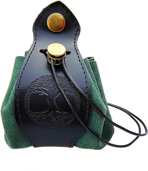 Black & Green Celtic Tree DND Gifts Dice Bag - Tray with Drawstring & Button Genuine Leather Dice Pouch Storage Bag for d&d Dices Jewelry Coin & Small Accessories
