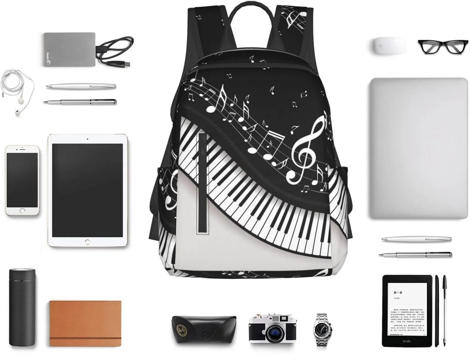 Black and White Piano Keys with Musical Notes Lightweight Backpack Leisure Rucksacks Durable Business Daypack for Outdoors, Bicycle