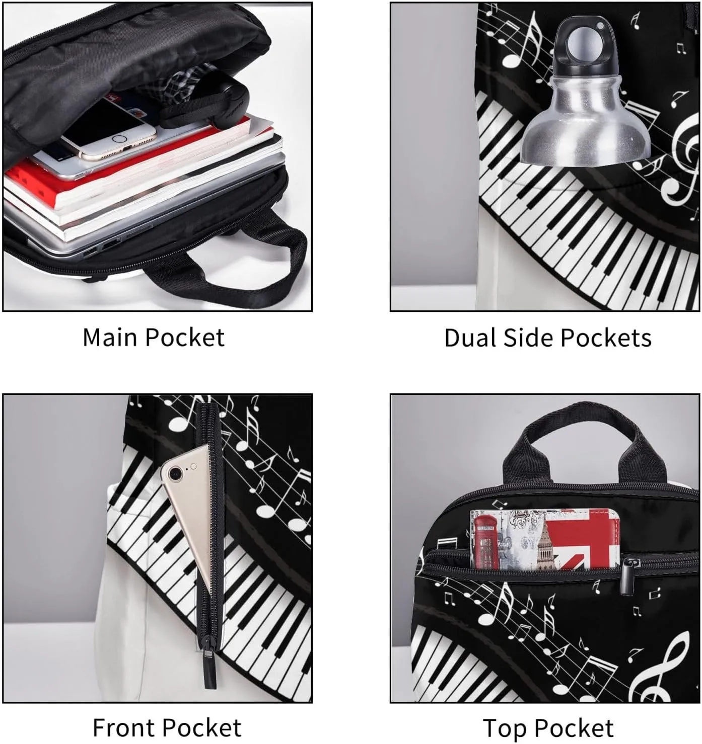 Black and White Piano Keys with Musical Notes Lightweight Backpack Leisure Rucksacks Durable Business Daypack for Outdoors, Bicycle
