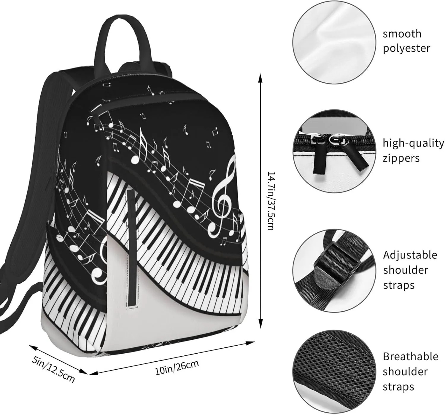 Black and White Piano Keys with Musical Notes Lightweight Backpack Leisure Rucksacks Durable Business Daypack for Outdoors, Bicycle