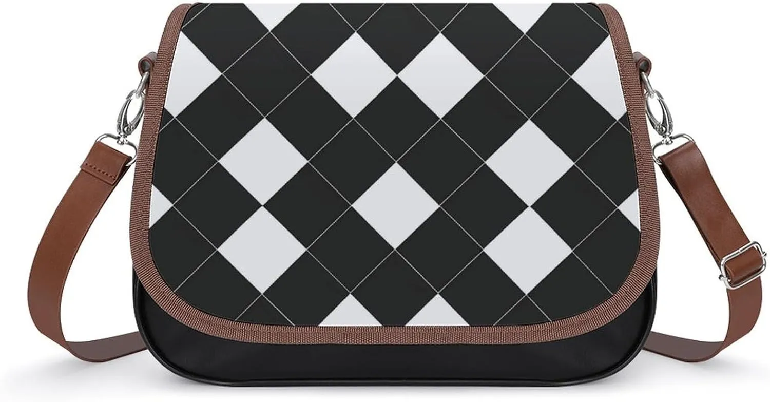 Black and White Plaid Trendy Crossbody Bags Purses for Women Casual Shoulder Handbags with Adjustable Wide Strap