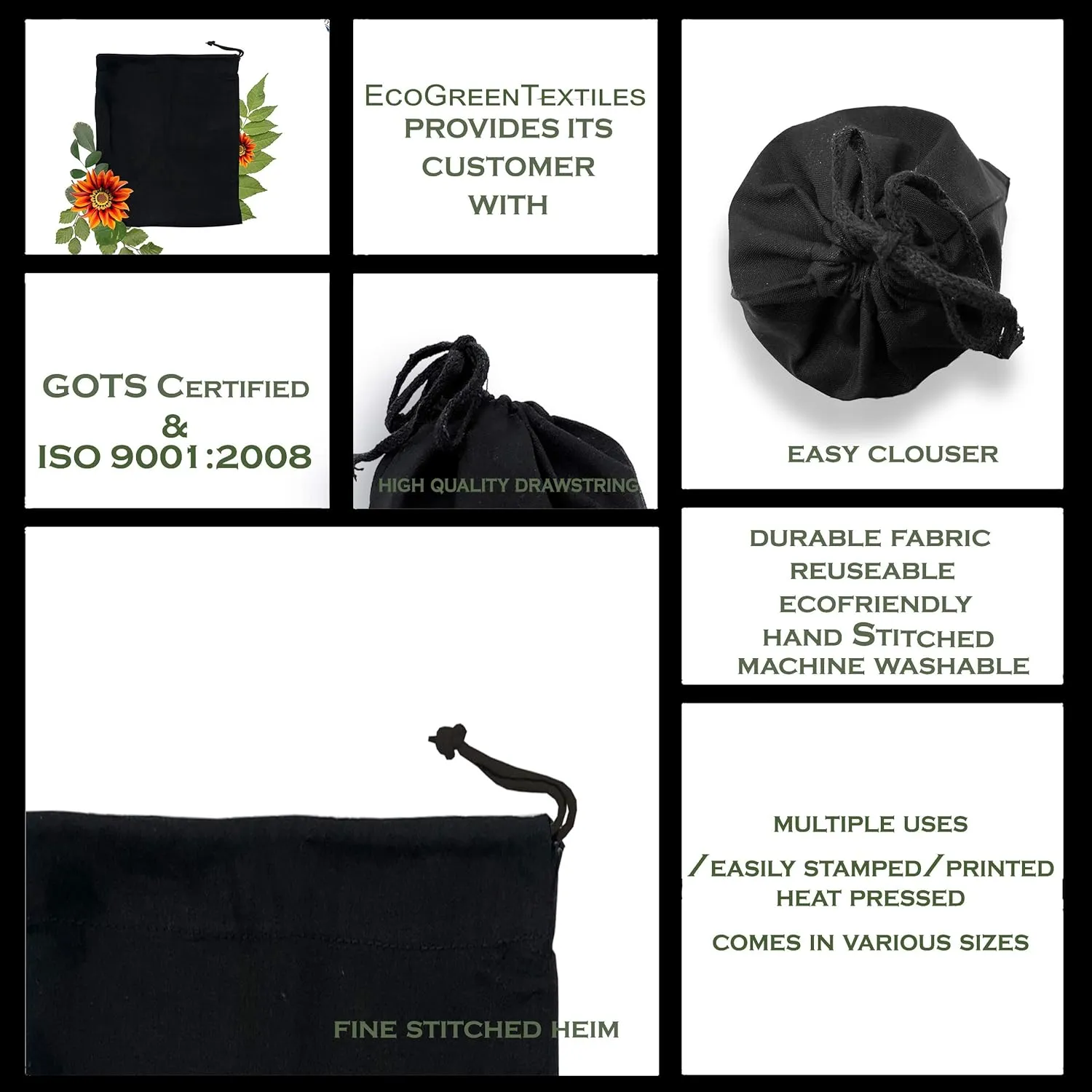 Black Cotton Drawstring Bags - Reusable Produce Bags