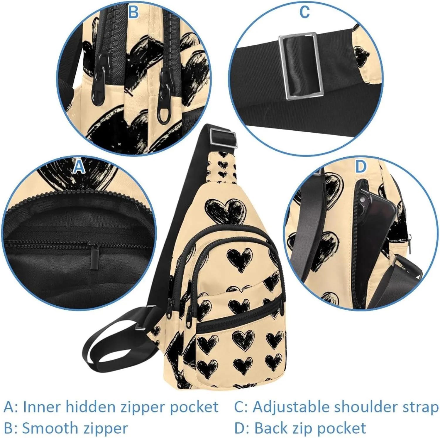 black ink hearts (5) Sling Bag, Crossbody Sling Backpack Travel Hiking Chest Bag Daypack for Purses Shoulder Bag Women Men's