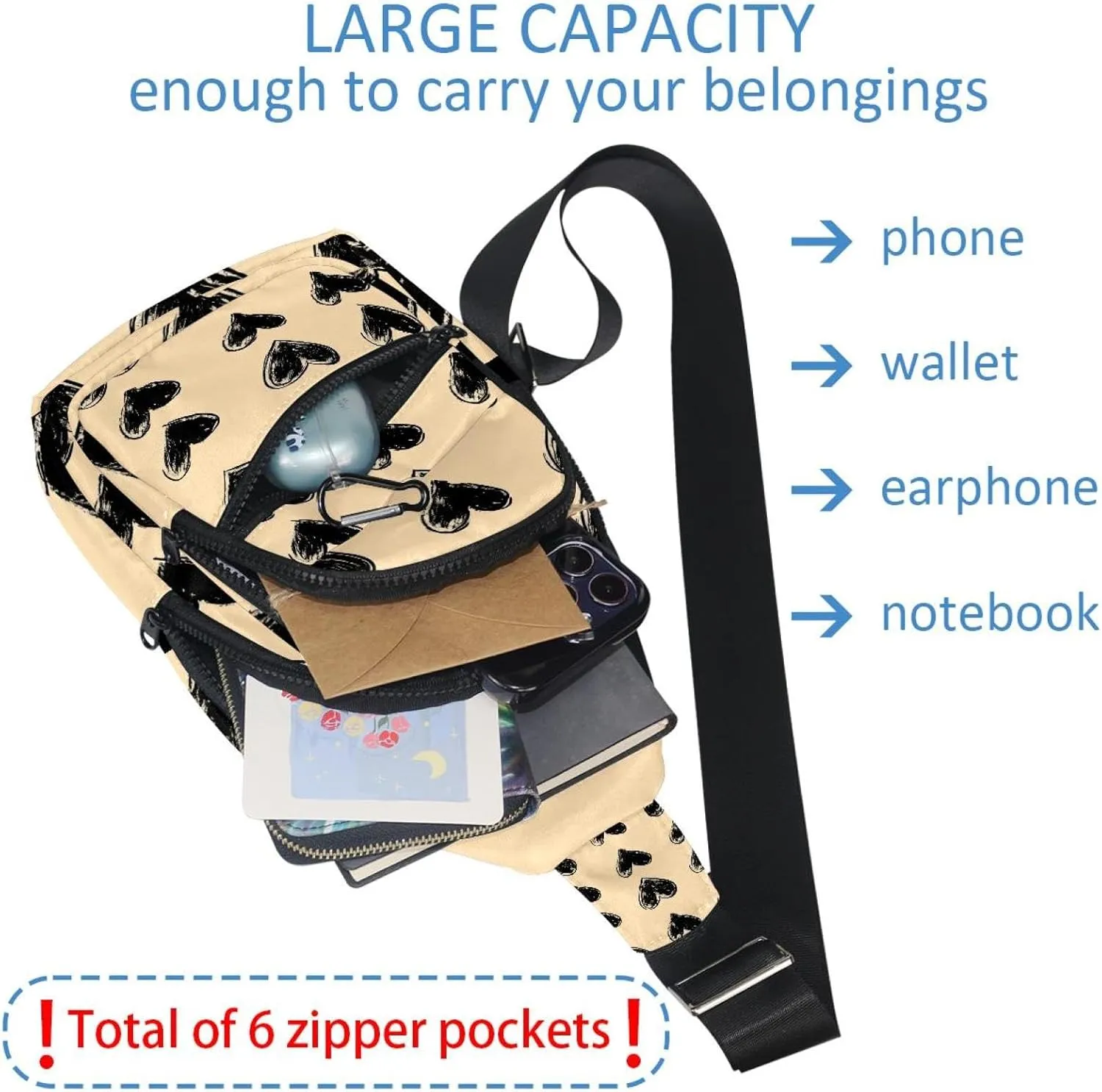 black ink hearts (5) Sling Bag, Crossbody Sling Backpack Travel Hiking Chest Bag Daypack for Purses Shoulder Bag Women Men's