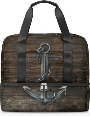Black Iron Anchor Hardwood Travel Bag Double Tier Zip Closure Weekender Bag with Leather Handle Waterproof Sports Tote Gym Bag for Swim Beach Gym Yoga