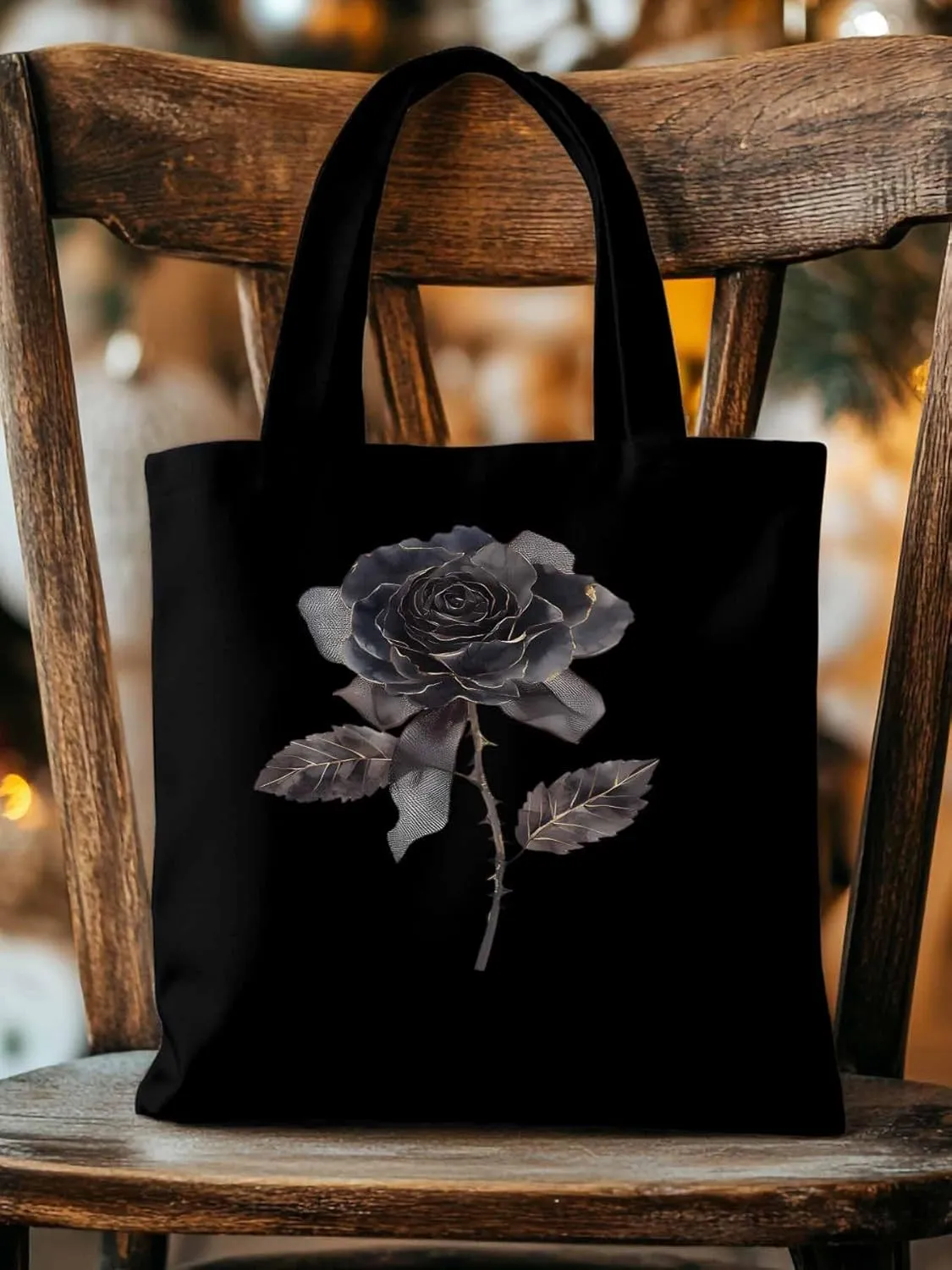 Black Rose Vintage Flower Thorns Canvas Tote Bag, Aesthetic Canvas Tote Handbags for Women Shoulder Bag