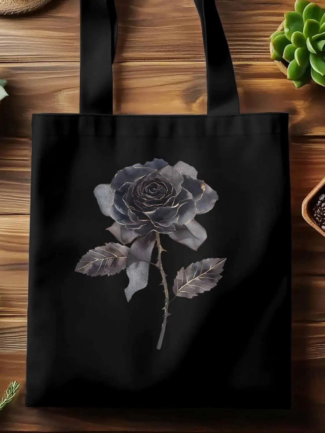 Black Rose Vintage Flower Thorns Canvas Tote Bag, Aesthetic Canvas Tote Handbags for Women Shoulder Bag