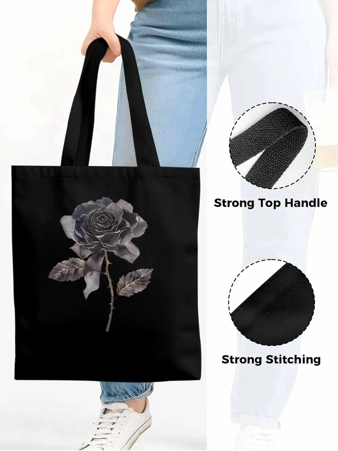 Black Rose Vintage Flower Thorns Canvas Tote Bag, Aesthetic Canvas Tote Handbags for Women Shoulder Bag