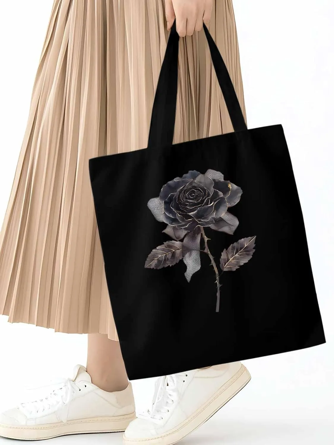 Black Rose Vintage Flower Thorns Canvas Tote Bag, Aesthetic Canvas Tote Handbags for Women Shoulder Bag