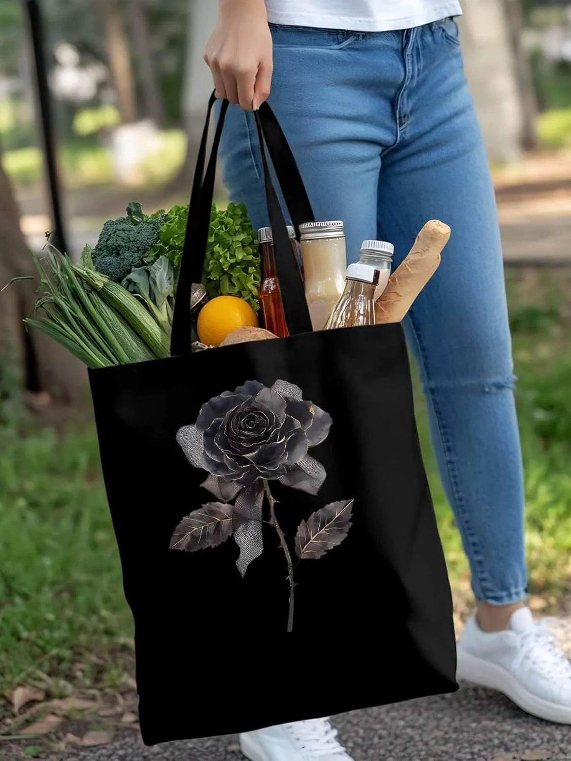 Black Rose Vintage Flower Thorns Canvas Tote Bag, Aesthetic Canvas Tote Handbags for Women Shoulder Bag