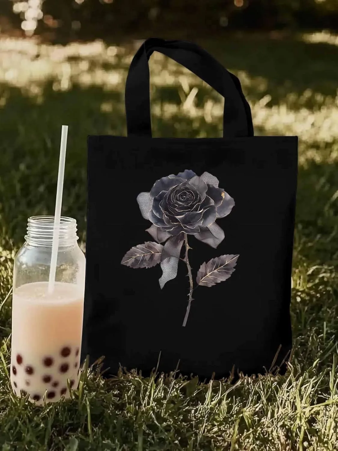 Black Rose Vintage Flower Thorns Canvas Tote Bag, Aesthetic Canvas Tote Handbags for Women Shoulder Bag