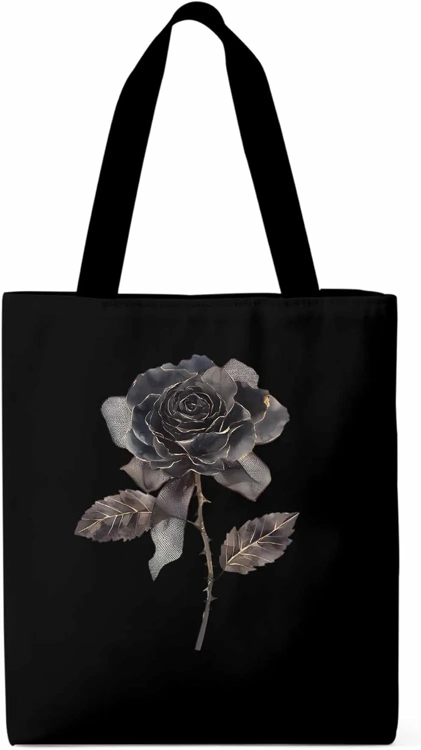 Black Rose Vintage Flower Thorns Canvas Tote Bag, Aesthetic Canvas Tote Handbags for Women Shoulder Bag