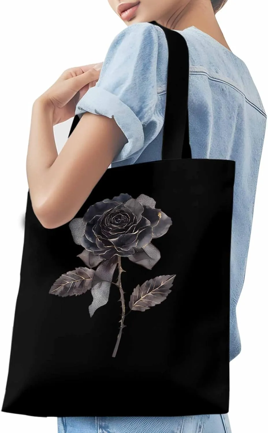 Black Rose Vintage Flower Thorns Canvas Tote Bag, Aesthetic Canvas Tote Handbags for Women Shoulder Bag