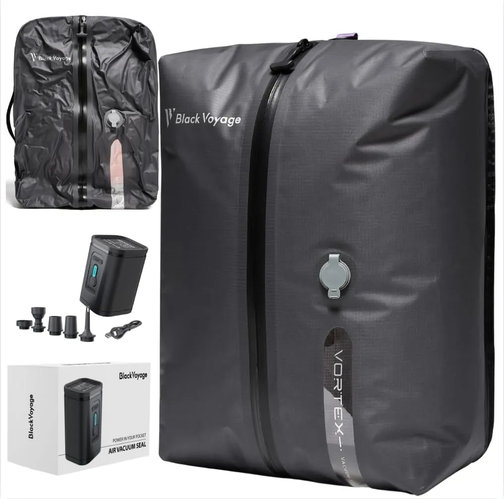Black Voyage Vacuum Bag for Travel with Wireless Vacuum pump Reusable Compression Suitcases and Backpack Space Saver Airback Vacpack (Gray (1-Pack), 18L (With Vacuum))