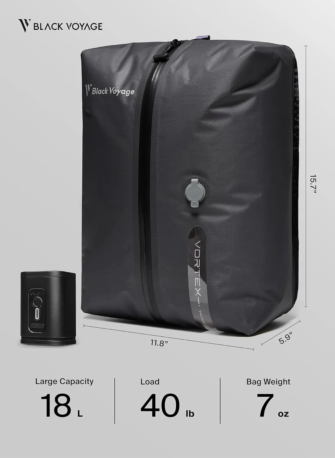 Black Voyage Vacuum Bag for Travel with Wireless Vacuum pump Reusable Compression Suitcases and Backpack Space Saver Airback Vacpack (Gray (1-Pack), 18L (With Vacuum))