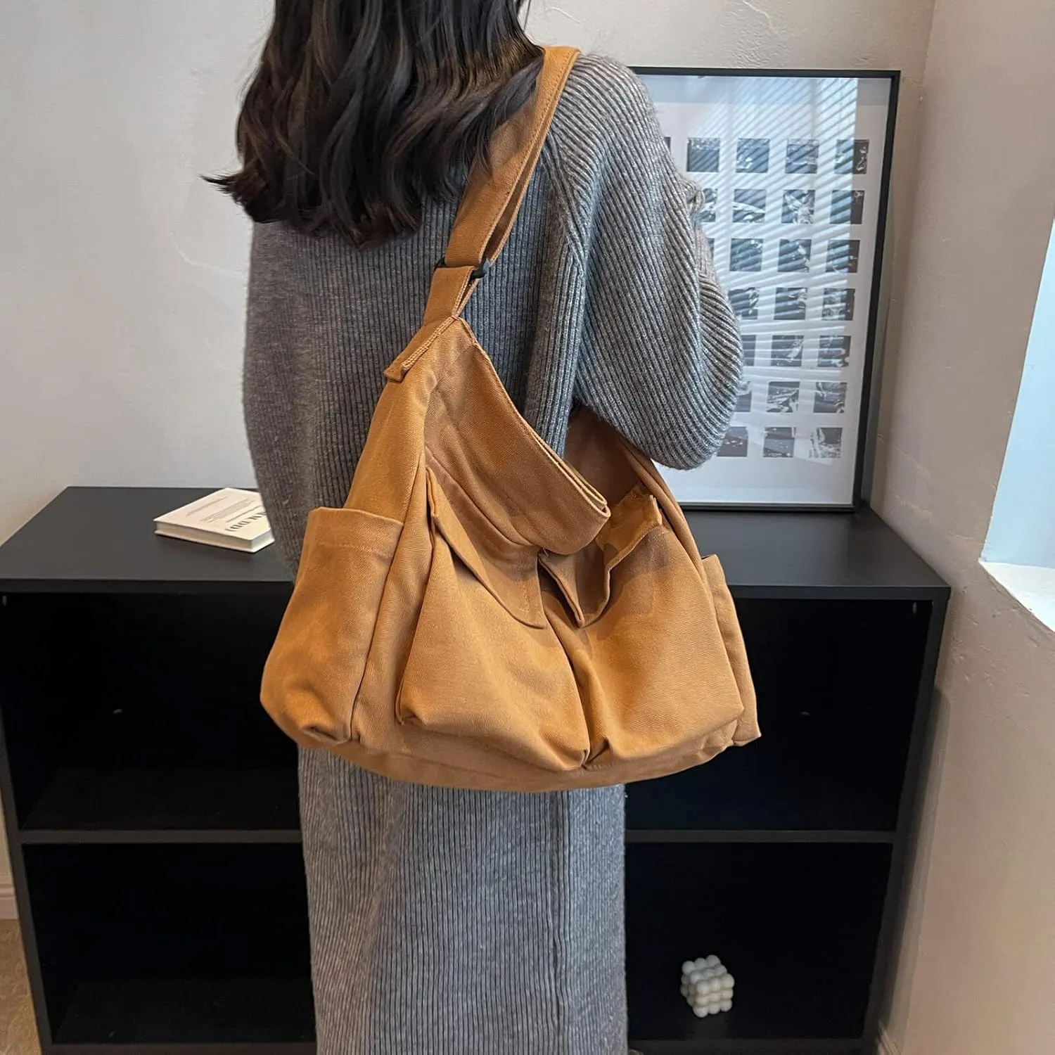 Blostirno Canvas Messenger Bag Large Hobo Crossbody Bag with Multiple Pockets Shoulder Tote Bags for Women and Men