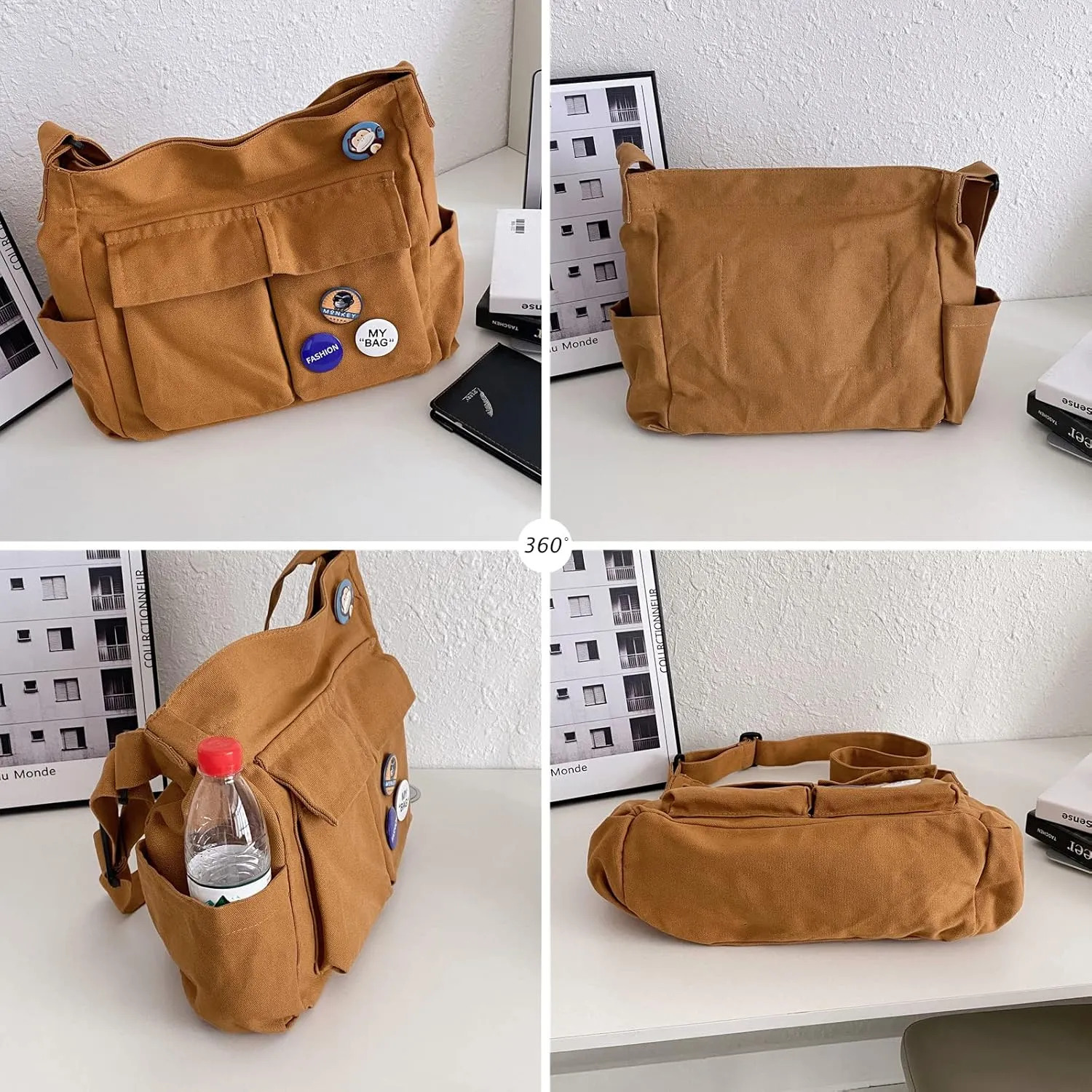 Blostirno Canvas Messenger Bag Large Hobo Crossbody Bag with Multiple Pockets Shoulder Tote Bags for Women and Men