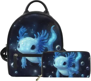 Blue Axolotl Backpack Purse and Wallet Set for Women Teen Girls Cute 2 Piece Backpack Mini Purses for Ladies Tote Handbags Travel Shoulder Bag Lightweight Daypack Rucksack