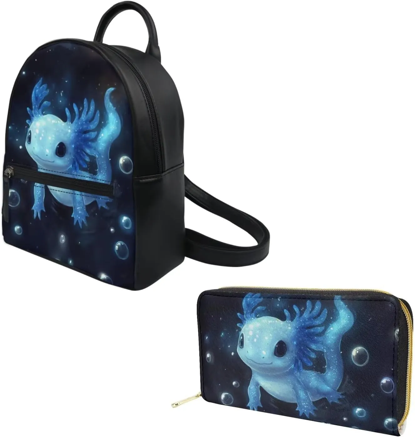 Blue Axolotl Backpack Purse and Wallet Set for Women Teen Girls Cute 2 Piece Backpack Mini Purses for Ladies Tote Handbags Travel Shoulder Bag Lightweight Daypack Rucksack