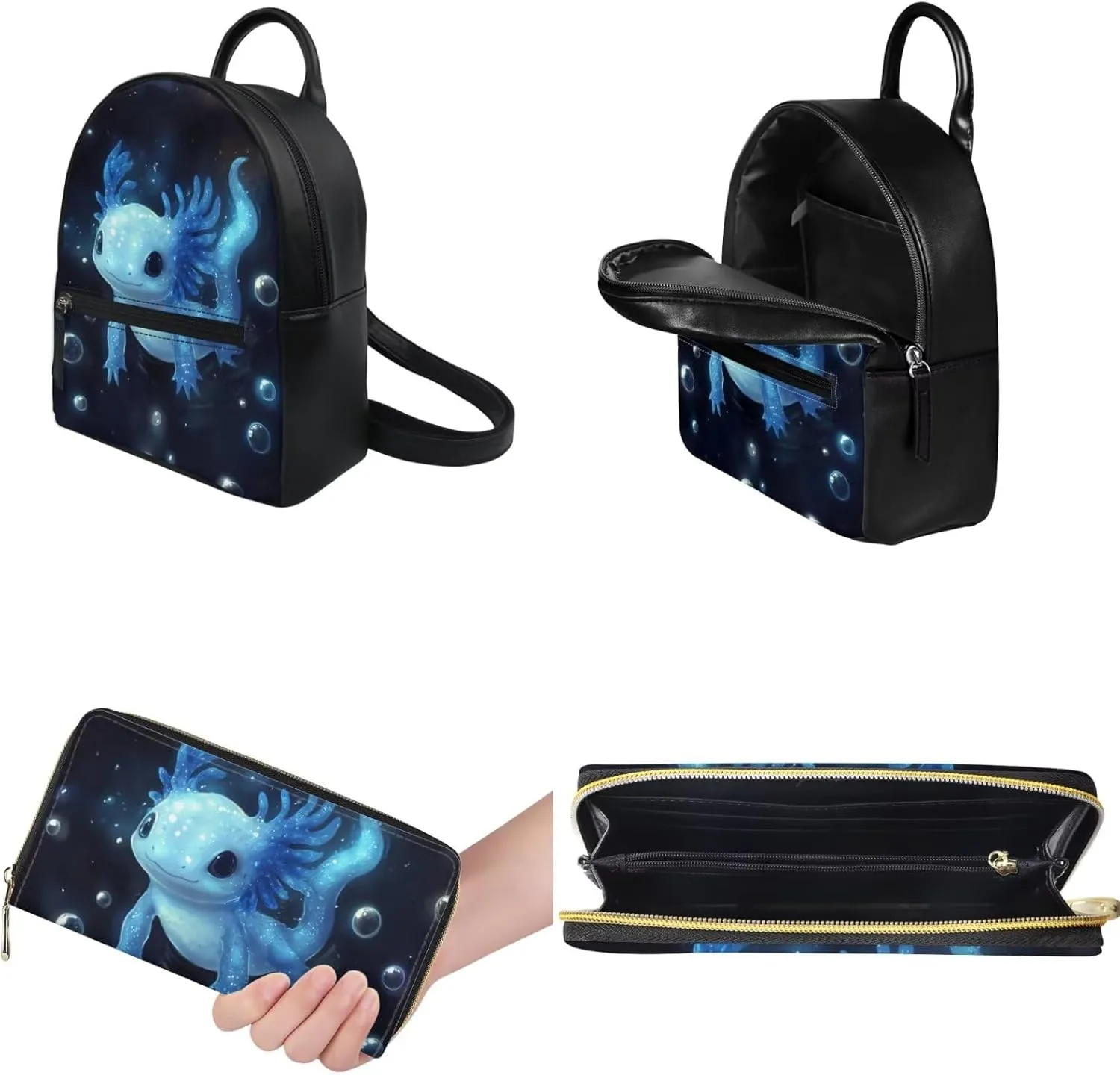 Blue Axolotl Backpack Purse and Wallet Set for Women Teen Girls Cute 2 Piece Backpack Mini Purses for Ladies Tote Handbags Travel Shoulder Bag Lightweight Daypack Rucksack