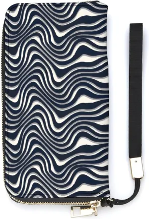 Blue Black And White Wavy Striped Women's Leather Long Large Capacity Wallet Clutch Wallet with Hand Strap