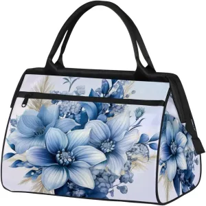 Blue Flowers Weekender Overnight Bag for Women Waterproof Carry On Travel Duffle Bags with Pocket Lightweight Sports Gym Tote Bag Large Luggage Workout Personal Item Hospital Bags