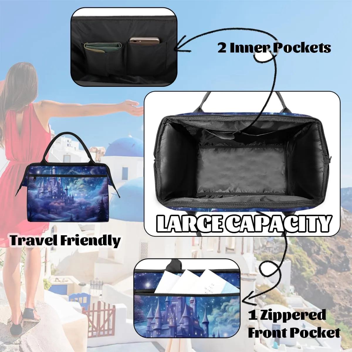Blue Galaxy Nebula Castle Weekender Overnight Bag for Women Waterproof Carry On Travel Duffle Bags with Pocket Lightweight Sports Gym Tote Bag Large Luggage Workout Personal Item Hospital Bags