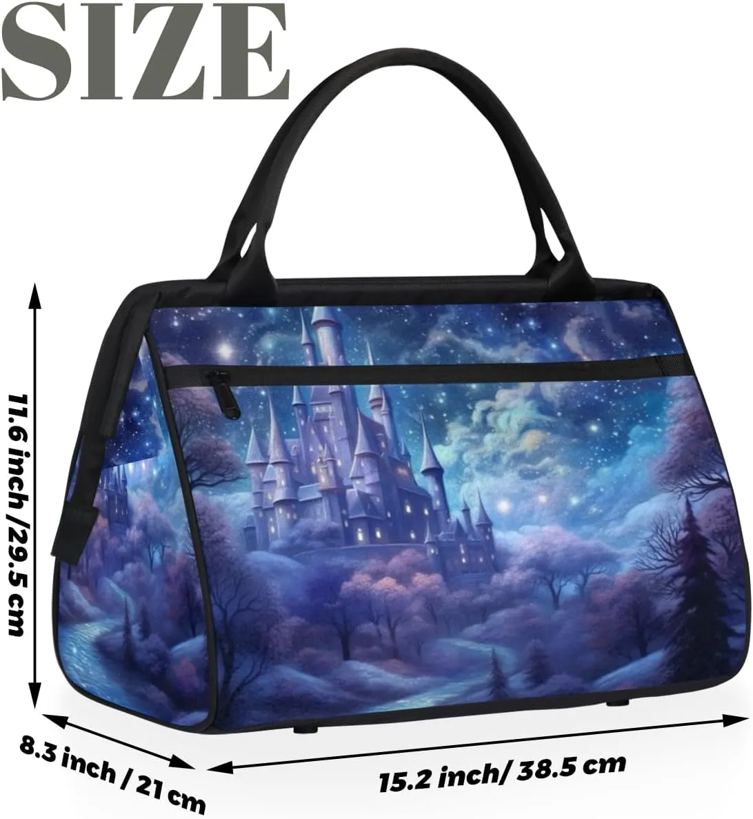 Blue Galaxy Nebula Castle Weekender Overnight Bag for Women Waterproof Carry On Travel Duffle Bags with Pocket Lightweight Sports Gym Tote Bag Large Luggage Workout Personal Item Hospital Bags