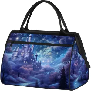 Blue Galaxy Nebula Castle Weekender Overnight Bag for Women Waterproof Carry On Travel Duffle Bags with Pocket Lightweight Sports Gym Tote Bag Large Luggage Workout Personal Item Hospital Bags