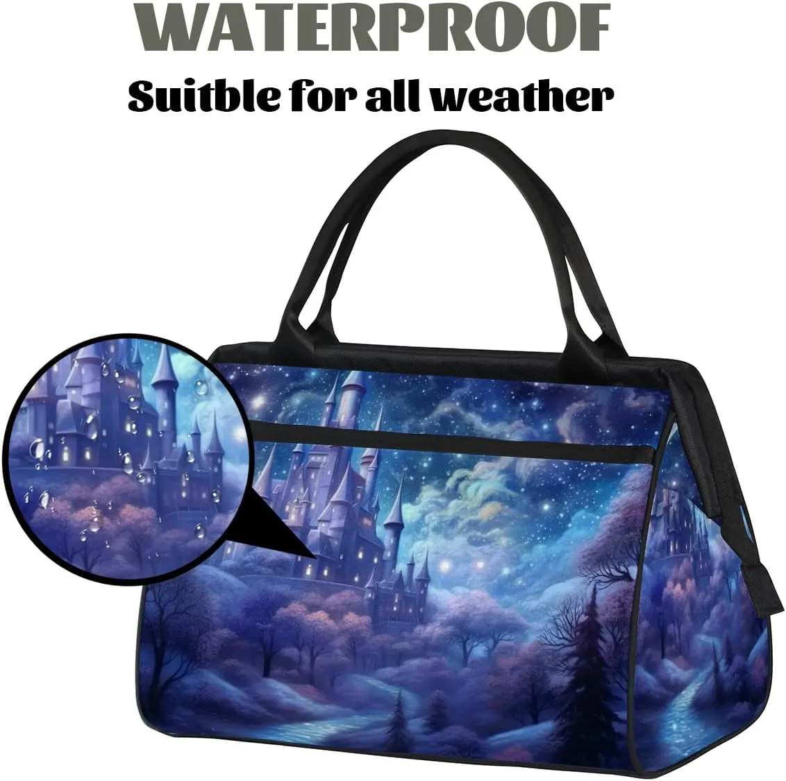 Blue Galaxy Nebula Castle Weekender Overnight Bag for Women Waterproof Carry On Travel Duffle Bags with Pocket Lightweight Sports Gym Tote Bag Large Luggage Workout Personal Item Hospital Bags