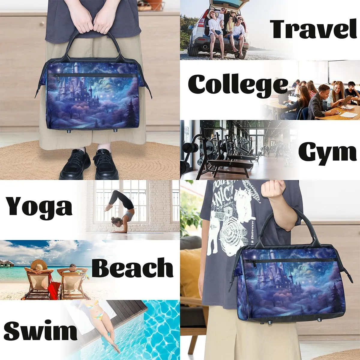 Blue Galaxy Nebula Castle Weekender Overnight Bag for Women Waterproof Carry On Travel Duffle Bags with Pocket Lightweight Sports Gym Tote Bag Large Luggage Workout Personal Item Hospital Bags