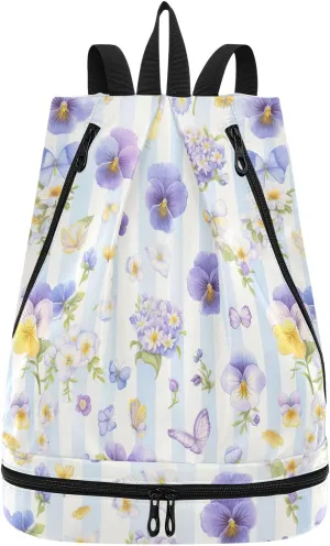 Blue Purple Blooms Summer Drawstring drawstring bag yoga drawstring gym bag with Wet Dry Compartments