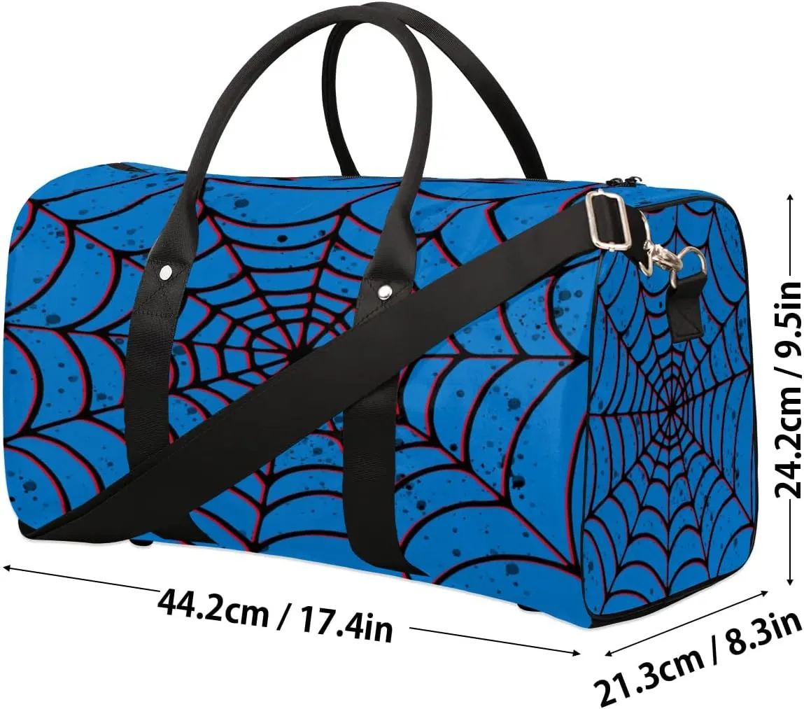 Blue Spider Web Overnighter Duffel Bags for Boys Men, Waterproof Carry-On Size Sports Gym Bag for Teens Overnight Travel Weekender Sleepover Tote Bag