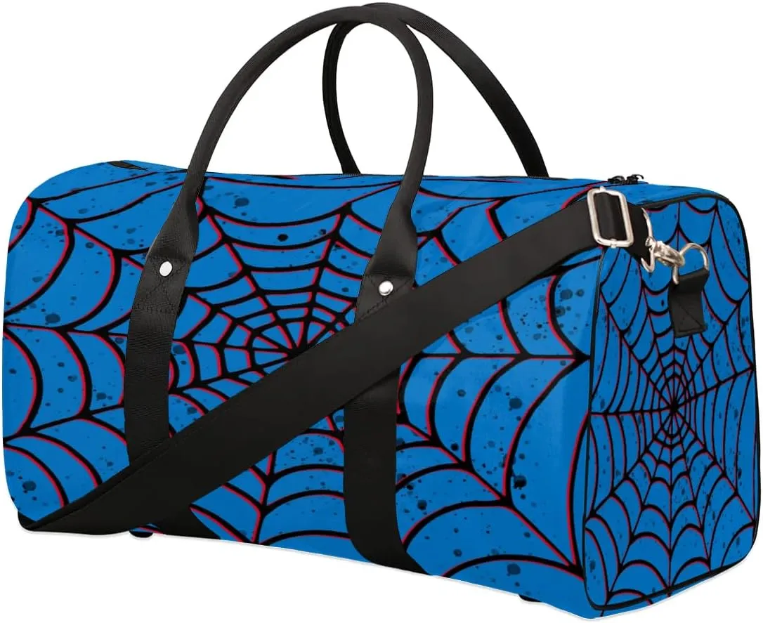 Blue Spider Web Overnighter Duffel Bags for Boys Men, Waterproof Carry-On Size Sports Gym Bag for Teens Overnight Travel Weekender Sleepover Tote Bag