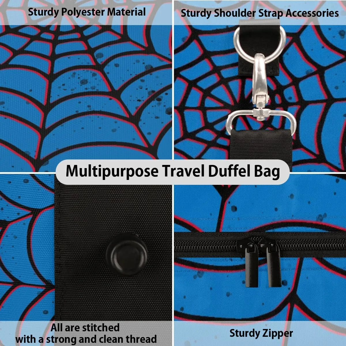 Blue Spider Web Overnighter Duffel Bags for Boys Men, Waterproof Carry-On Size Sports Gym Bag for Teens Overnight Travel Weekender Sleepover Tote Bag