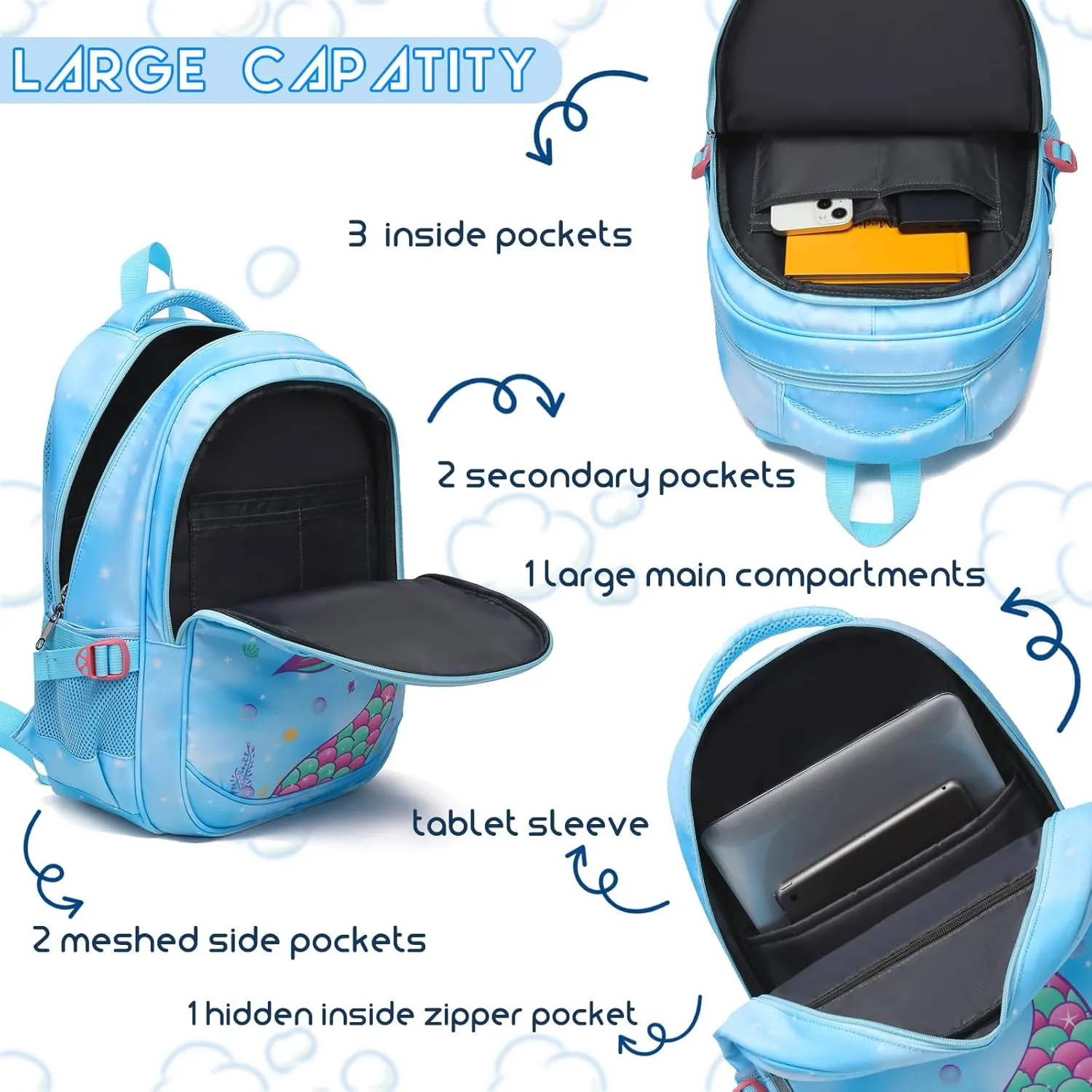 BLUEFAIRY Kids Backpack for Girls Elementary School Bags Kindergarten Primary School Bags Bookbags Back to School Book Bags Gifts Large Campartments Mochilas para Niños 17" Mermaid Blue