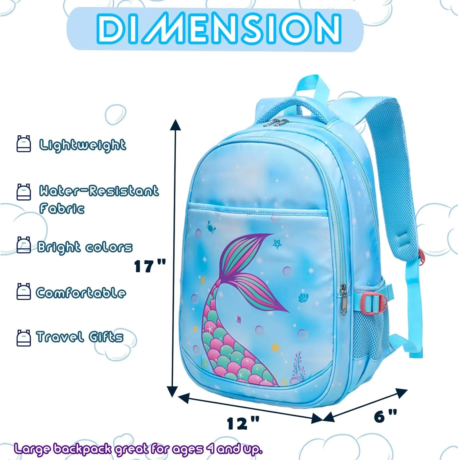 BLUEFAIRY Kids Backpack for Girls Elementary School Bags Kindergarten Primary School Bags Bookbags Back to School Book Bags Gifts Large Campartments Mochilas para Niños 17" Mermaid Blue