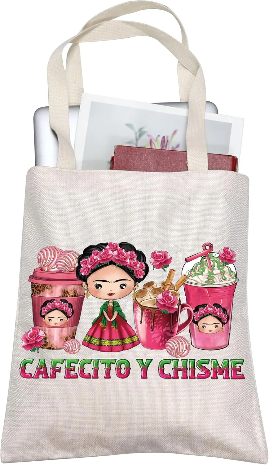 BLUPARK Funny Cafecito y Chisme Mexican Coffee Cups Tote Bag - Concha Pun Gift for Women