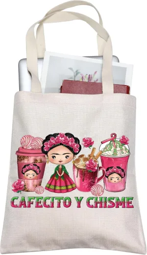 BLUPARK Funny Cafecito y Chisme Mexican Coffee Cups Tote Bag - Concha Pun Gift for Women