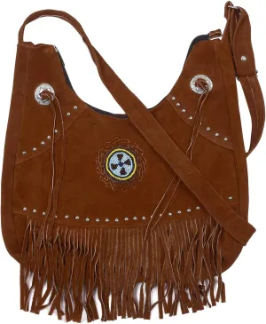 Bohemian Leather Fringe Crossbody Purse with Beaded Medallion