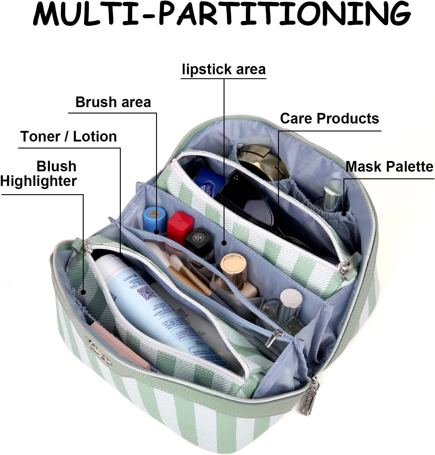 BOYATU Travel Makeup Bag for Women: Large Cosmetic Bag Set of 3 - Vegan Leather Make up Bag with Compartments - Compact Waterproof Toiletry Bag with Divider & Handle (05Green)