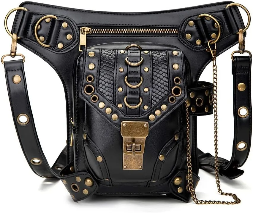Brccee AC Steampunk Waist Bag Leather Motorcycle Waist Shoulder Bag Satchels Thigh Bag Leg Hip Holster Purse Pouch Travel Chain Messenger Bag Hiking Pack Steampunk Clothing Accessories for Birthday