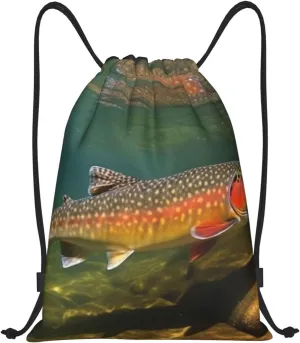 Brook Trout Fly Fishing Print Drawstring Bags Casual Backpack Foldable Draw String Bag Gym Bag for Women Men