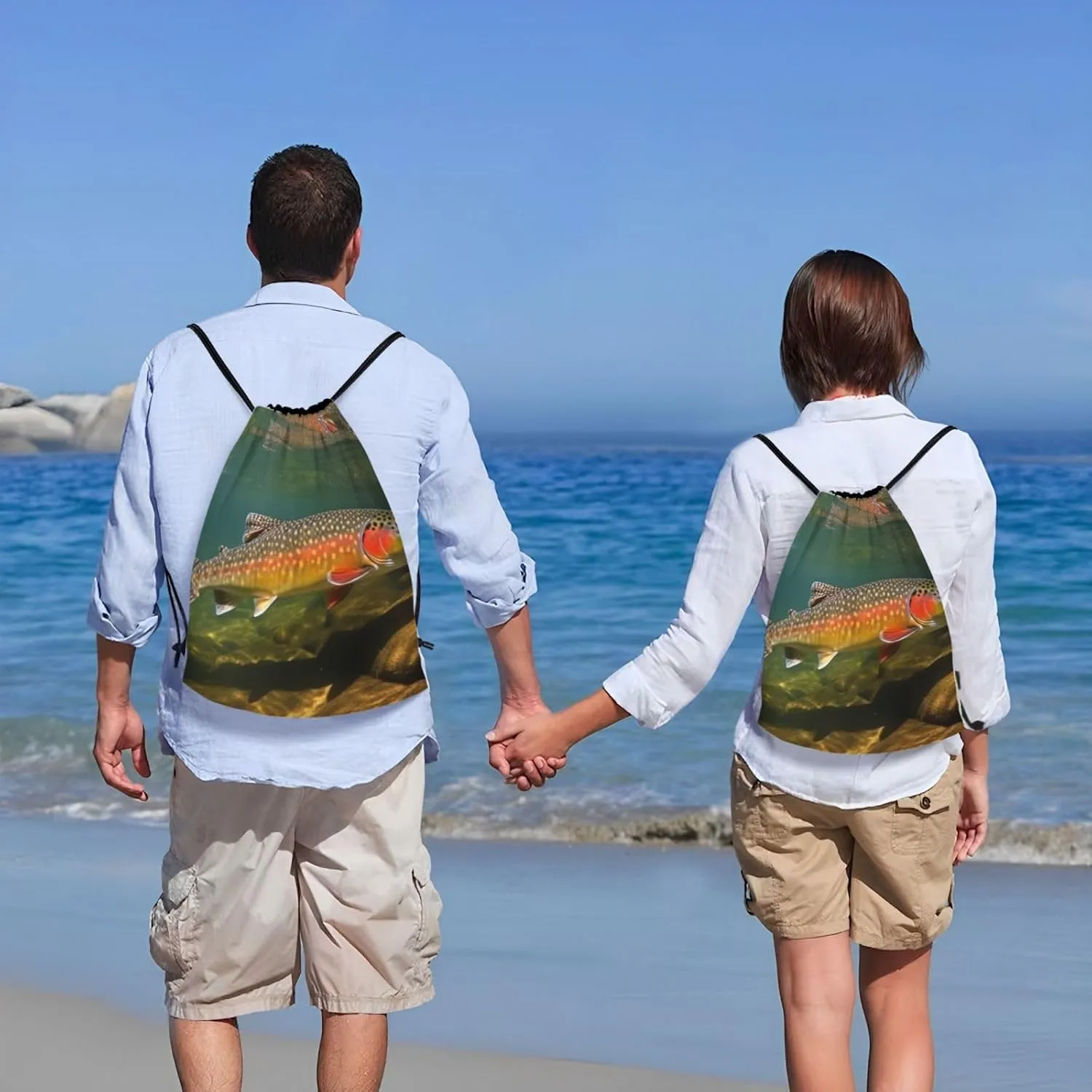 Brook Trout Fly Fishing Print Drawstring Bags Casual Backpack Foldable Draw String Bag Gym Bag for Women Men