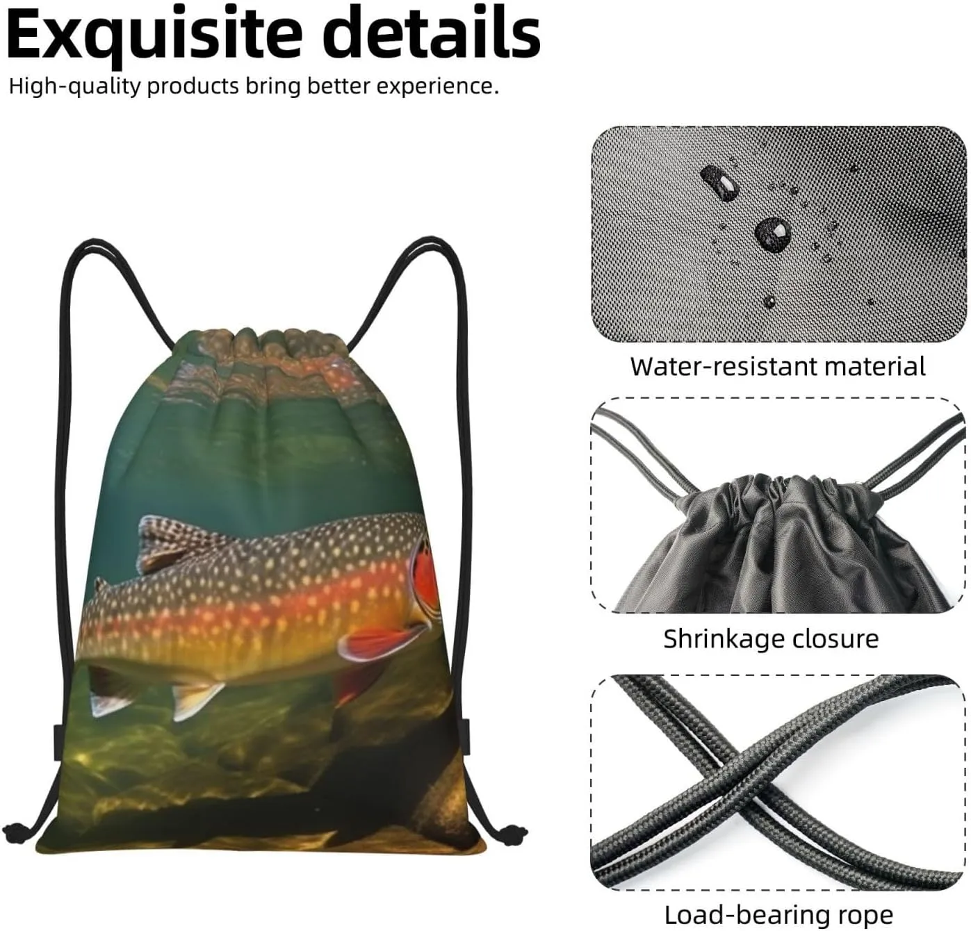 Brook Trout Fly Fishing Print Drawstring Bags Casual Backpack Foldable Draw String Bag Gym Bag for Women Men