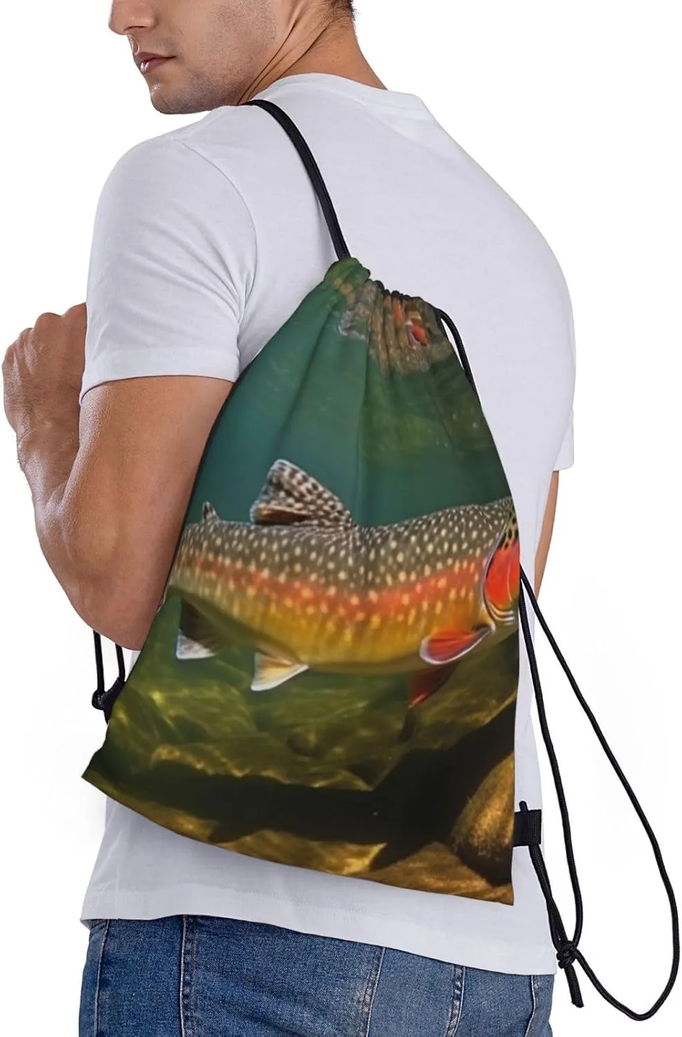 Brook Trout Fly Fishing Print Drawstring Bags Casual Backpack Foldable Draw String Bag Gym Bag for Women Men