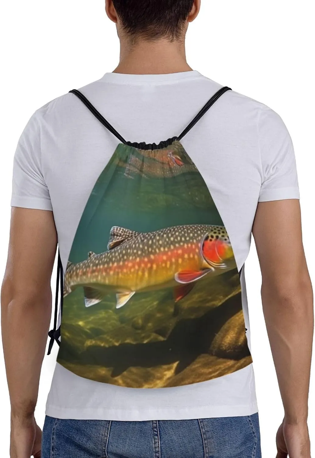 Brook Trout Fly Fishing Print Drawstring Bags Casual Backpack Foldable Draw String Bag Gym Bag for Women Men
